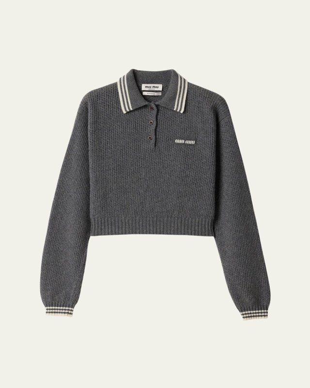 Long-Sleeve Cropped Polo Sweater